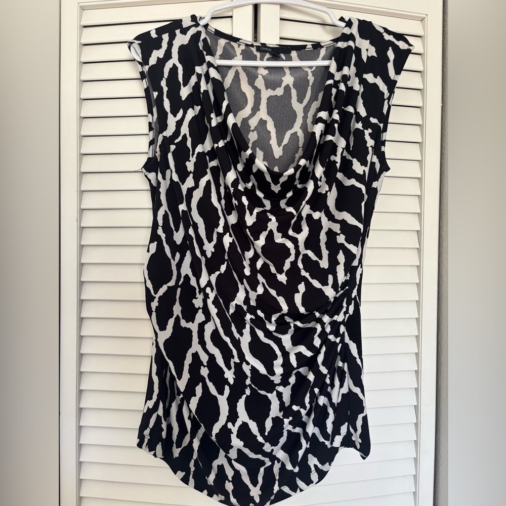 Chaus Black and White Patterned Drape Blouse